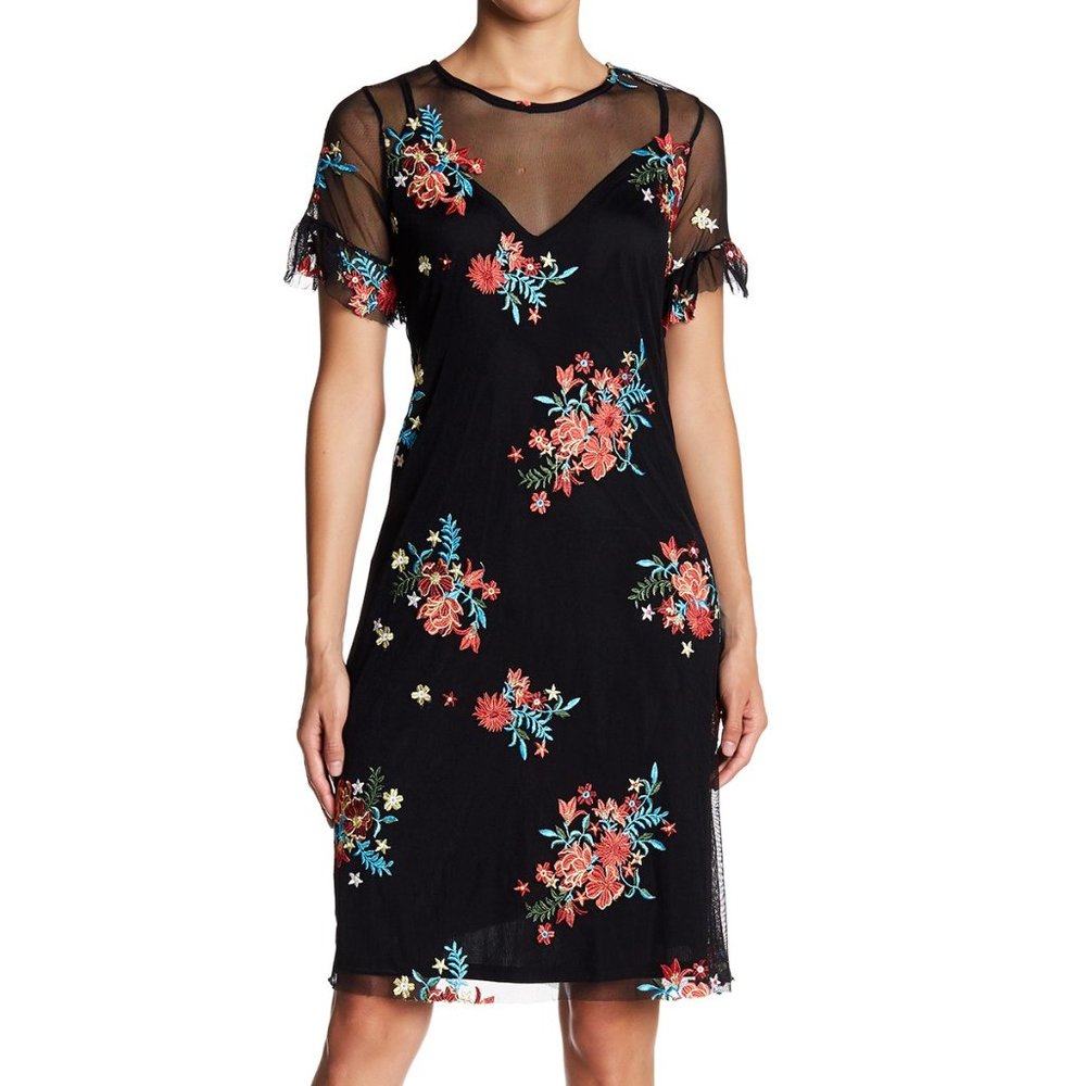 Black Mesh Overlay Floral Dress (1X)